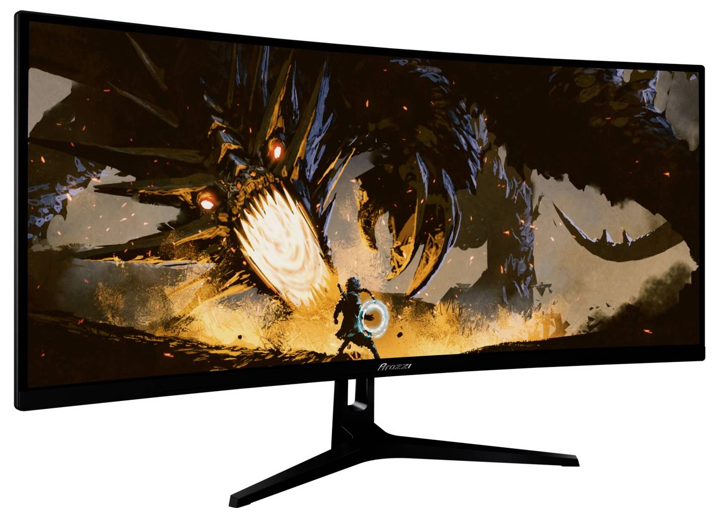 Gebogener Ultrabreiter Gaming-Monitor mit einer dramatischen Kampfszene, die ein feuriges Monster und einen gepanzerten Charakter zeigt.