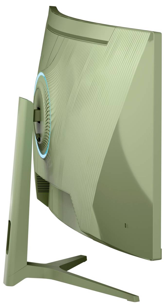 Seitenansicht eines grünen Computermonitors auf einem Ständer, dargestellt vor weißem Hintergrund.