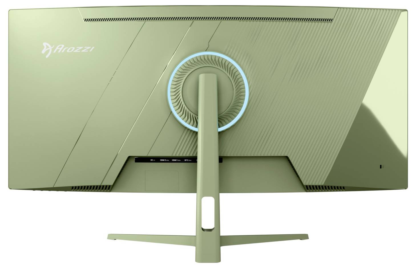 Rückansicht eines grünen Flazzu-Computermonitors mit zentralem Ständer und kreisförmiger belüfteter Halterung, dargestellt auf weißem Hintergrund.