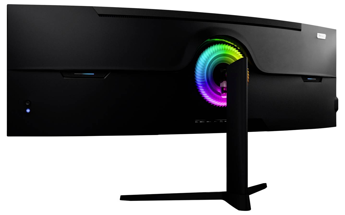 Rückansicht eines schwarzen gekrümmten Monitors auf einem Ständer mit einem farbig beleuchteten RGB-Ring um die Mittelbefestigung.