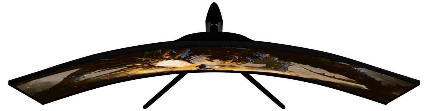 Gekrümmter ultrabreiter Monitor auf schwarzem Ständer, der eine lebendige Weltraum-Szene über den gesamten Bildschirm zeigt.