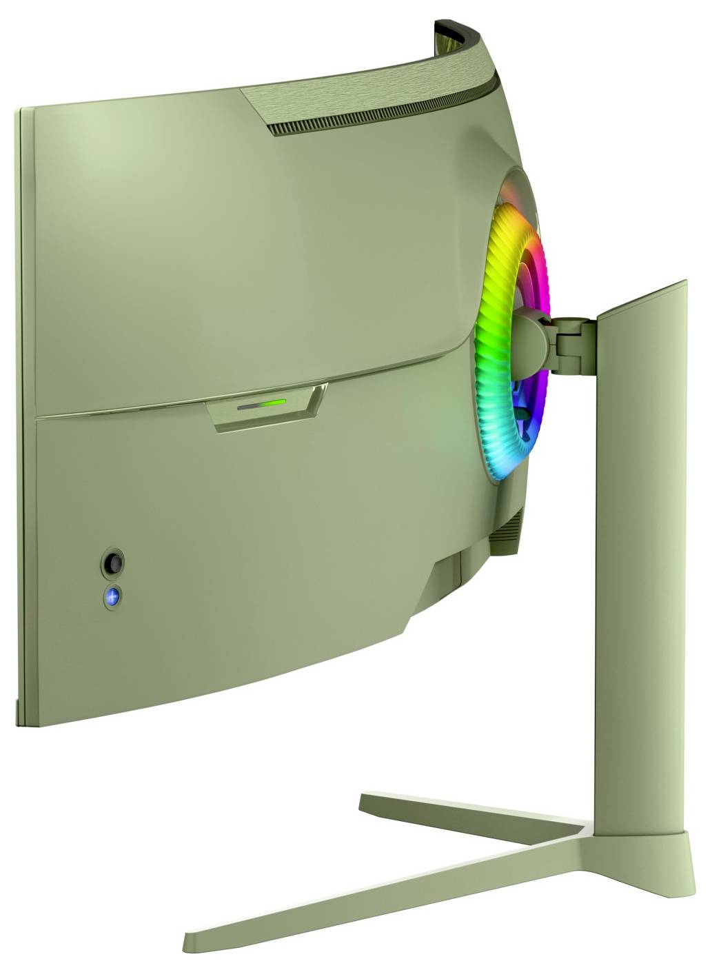Rückansicht eines Computermonitors auf einem Ständer, mit einem regenbogenfarbigen kreisförmigen Anschluss oder Port auf der rechten Seite sichtbar.