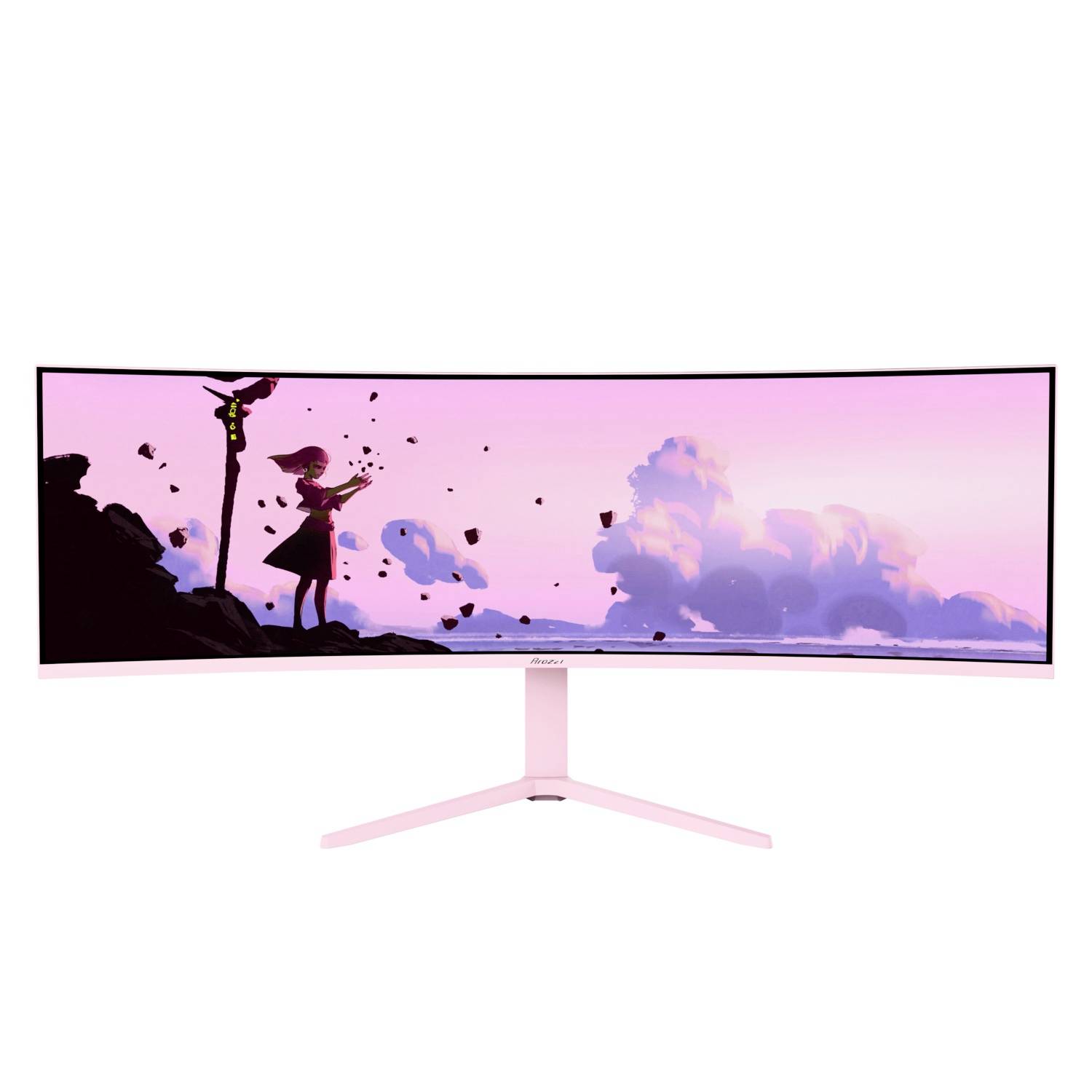 Ein gebogener weißer Monitor zeigt eine rosa Himmelsszenerie mit einer silhouettierten Person auf einem felsigen Kliff und verstreuten Blütenblättern oder Blättern.