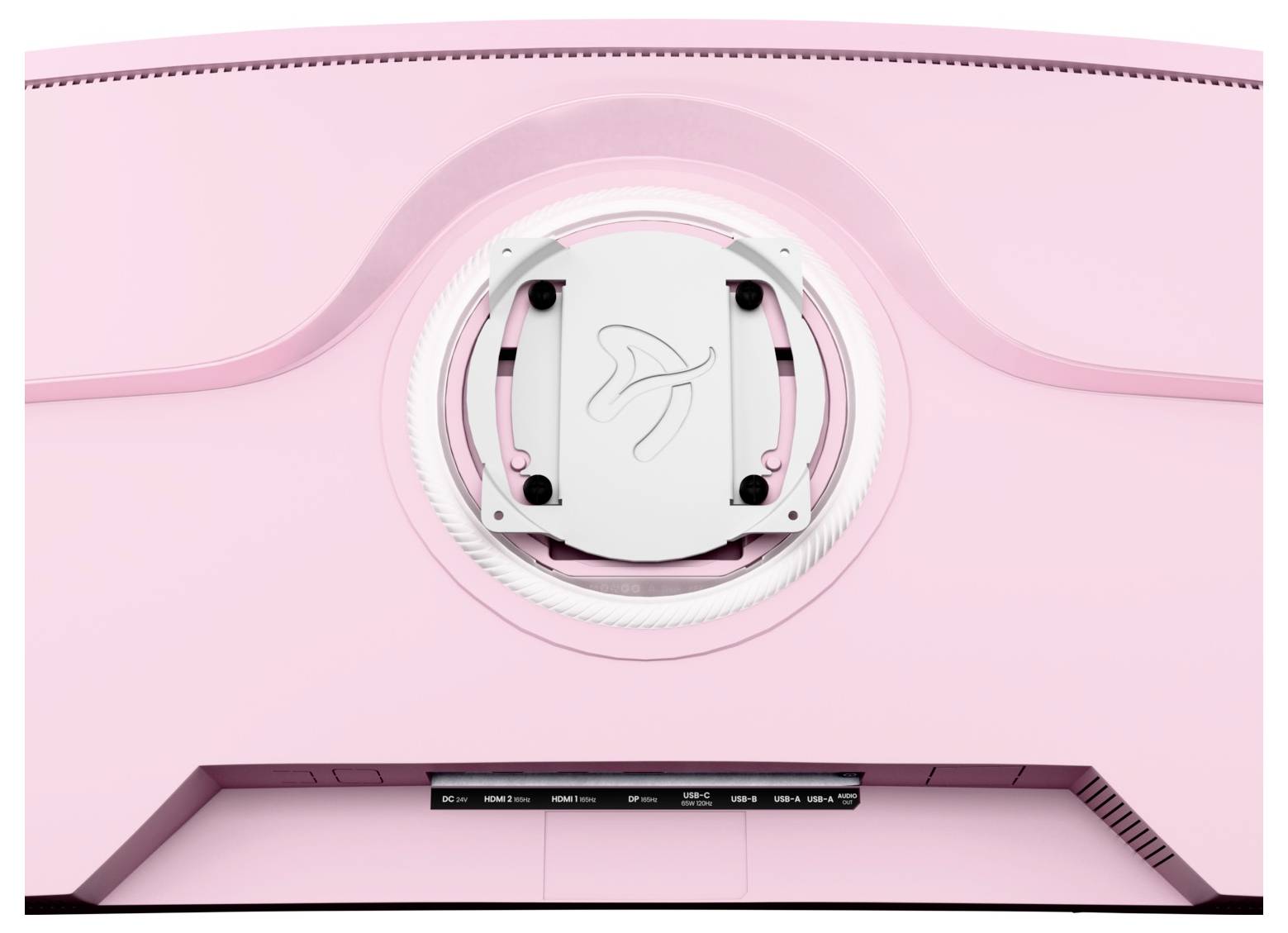 Rosa Gerät mit einer zentralen kreisförmigen Halterung, die eine weiße Komponente hält, umrahmt von einer gebogenen rosa Verkleidung und einem unteren lüftungsschlitzähnlichen Panel.
