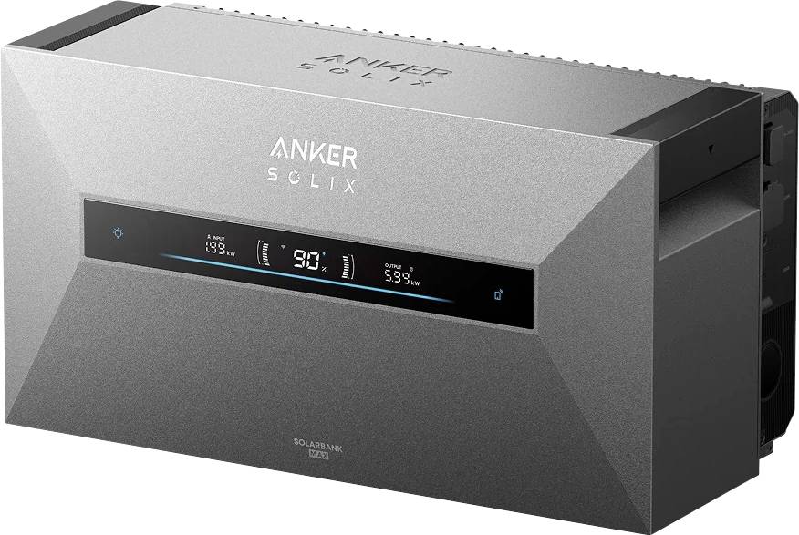 Anker SOLIX Heimspeichersystem, dargestellt in einer produktstilisierten Visualisierung mit einer frontseitigen Anzeige, die den Lade- und Stromstatus anzeigt.