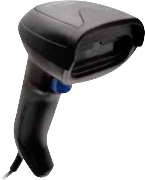 Tragbarer Barcode-Scanner mit schwarzem kabelgebundenem Griff und Scan-Kopf, vor einem weißen Hintergrund dargestellt.