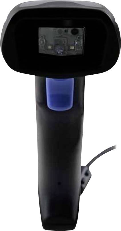 Tragbarer Barcode-Scanner mit blauem Auslöselicht und angebrachtem Kabel, isoliert auf weißem Hintergrund.