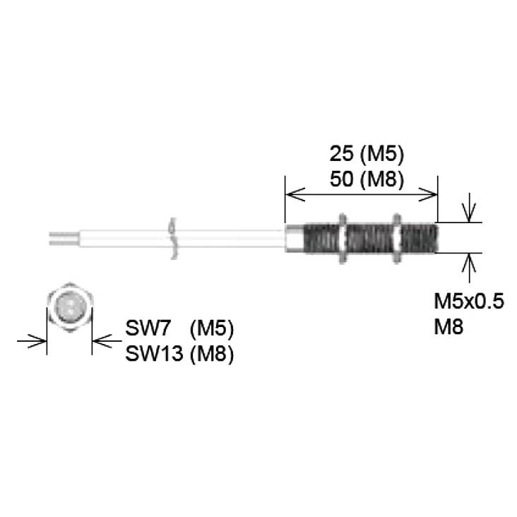 Technische Zeichnung einer gewindelten Sensor-/Kabelverbindung mit Abmessungen: 25 mm (M5), 50 mm (M8), Gewinde M5x0,5/M8 und Schraubenschlüsselgrößen SW7 (M5) und SW13 (M8).