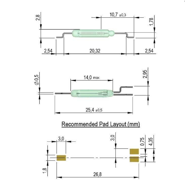 Technische Zeichnung einer axialen Glaskomponente mit Seiten- und Oberansicht-Abmessungen sowie empfohlenes PCB-Pad-Layout in Millimetern.