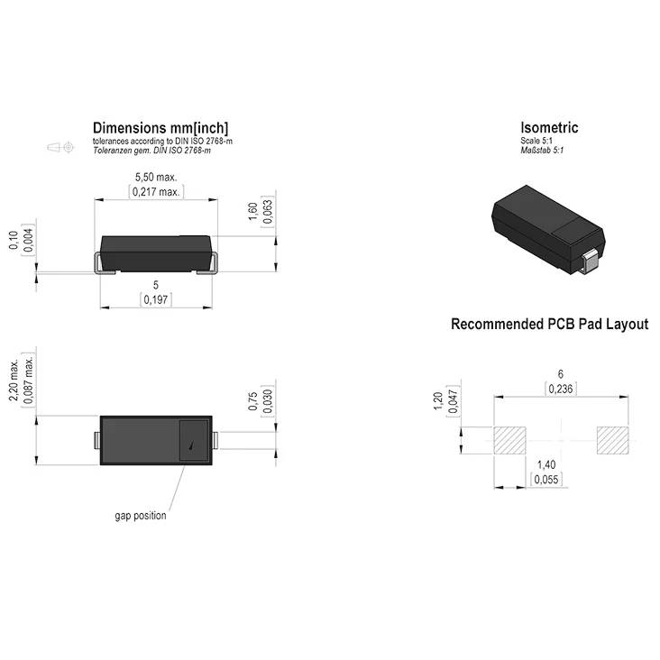 Technische Zeichnung einer kleinen SMD-Komponente mit Abmessungen in mm und Zoll, isometrischer Ansicht und empfohlenem PCB-Pad-Layout mit Lückenposition.