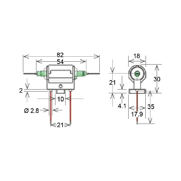 Maßstabsgerechte technische Zeichnung einer kleinen zweipoligen Komponente mit Vorder- und Seitenansicht und Abmessungen: 82 mm Breite, 54 mm Gehäuse, 21 mm Anschlussabstand, 18 mm oberer Durchmesser, 30 mm Höhe und 2,8 mm Anschlussdrähte.