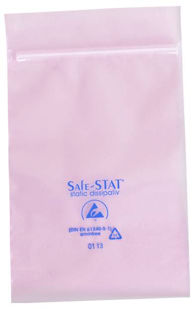 Rosa antistatische Lagertasche mit der Bezeichnung „SAFE-STAT elektrostatisch ableitend" mit Warnsymbol und Codetext am unteren Rand.