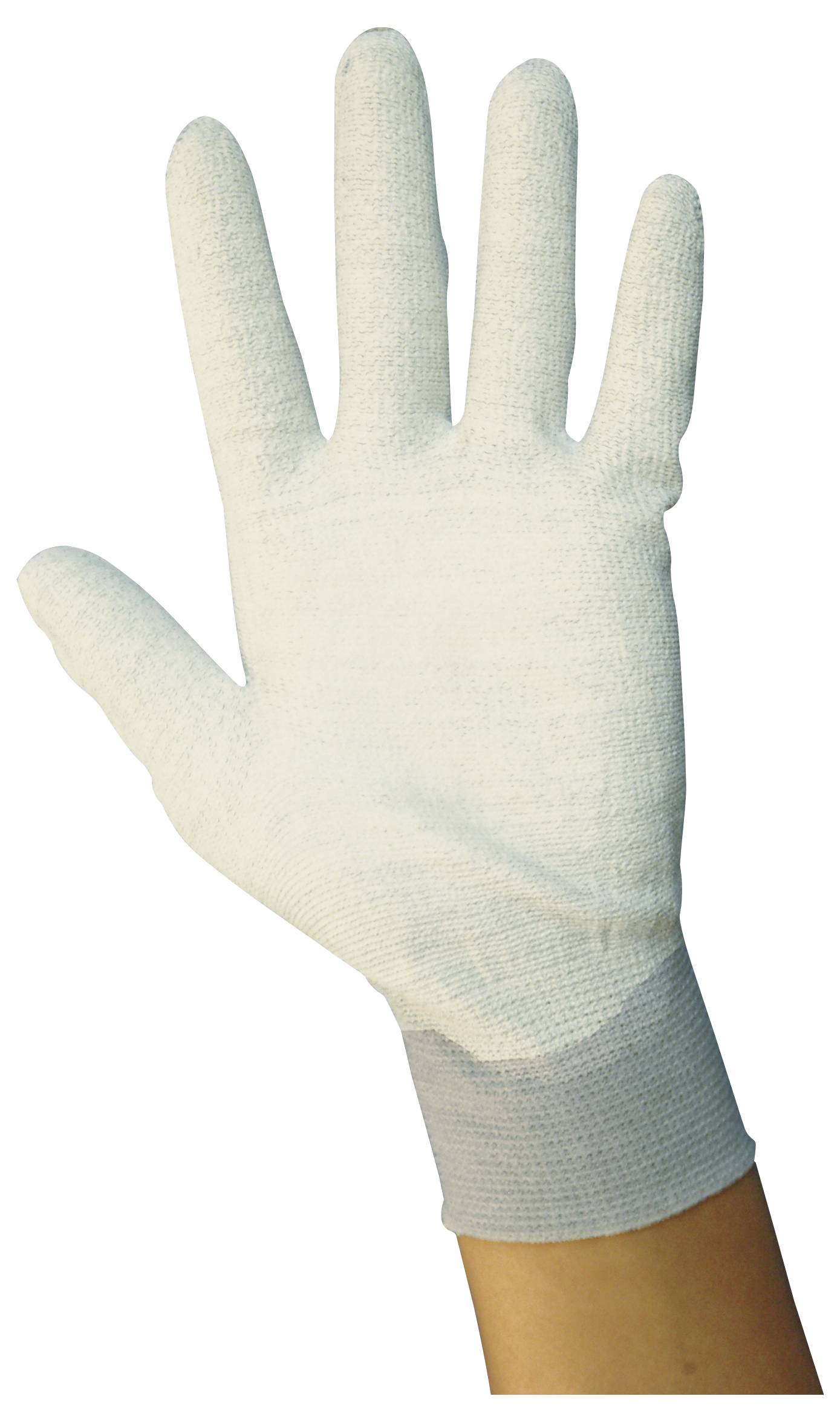 Weiße Baumwoll-Arbeitshandschuh auf einer erhobenen Hand vor einem einfachen Hintergrund, mit sichtbarem Handgelenk und Unterarm.