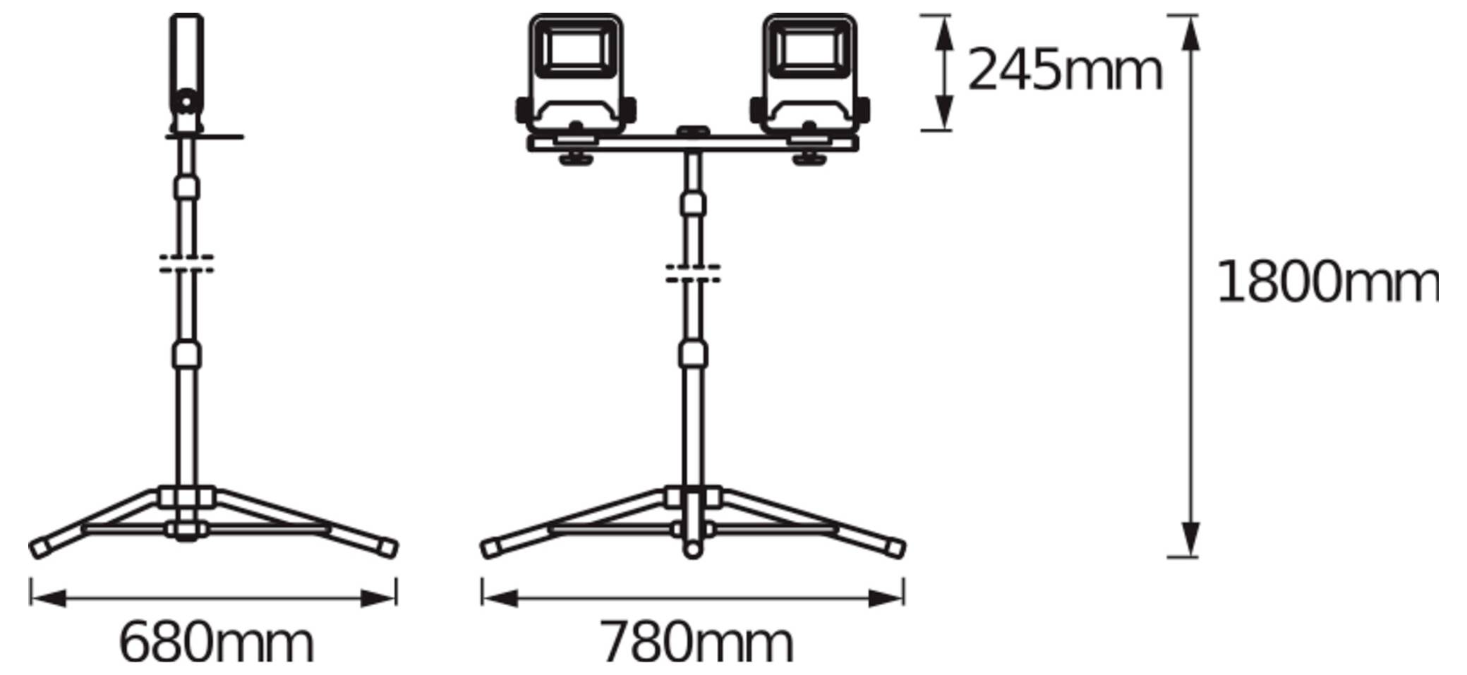 Technisches Diagramm zum Vergleich zweier auf Stativen montierten Geräte mit Höhen- und Breitenmessungen: links 680mm breit, rechts 780mm breit und 1800mm Gesamthöhe, mit 245mm Höhe des oberen Abschnitts.