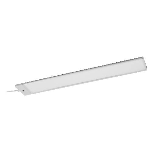 Schlanke weiße lineare LED-Leuchte in schräger Ansicht auf weißem Hintergrund.