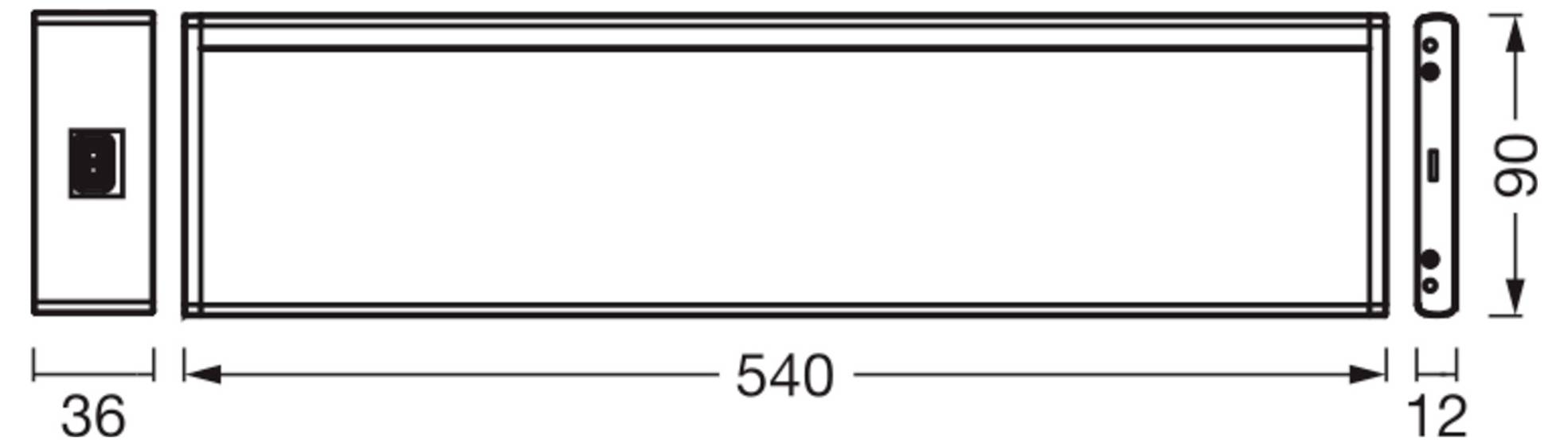 Technische Zeichnung einer rechteckigen Platte oder Schranktur mit seitlicher Beschlagware, beschriftete Abmessungen 540 mm lang, 90 mm hoch, 36 mm linker Bereich und 12 mm rechter Bereich.
