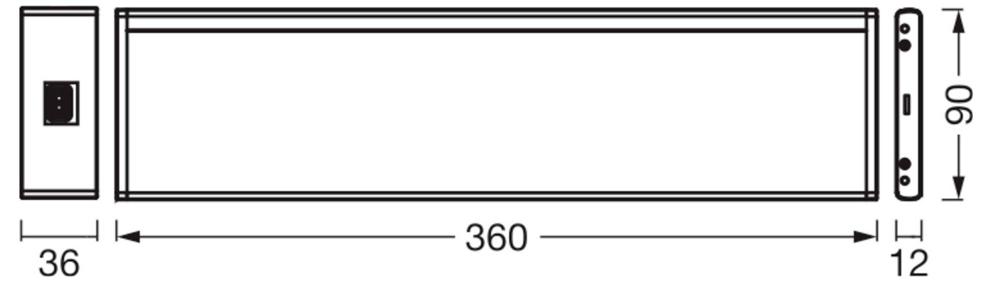 Technische Zeichnung eines langen rechteckigen Geräts, mit einer Breite von 360 mm und einer Höhe von 90 mm, mit einem separaten 36 mm breiten Seitenabschnitt und einer 12 mm langen Endhalterung.