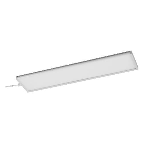 Schlankes rechteckiges weißes LED-Panellicht in einem Winkel vor weißem Hintergrund dargestellt.