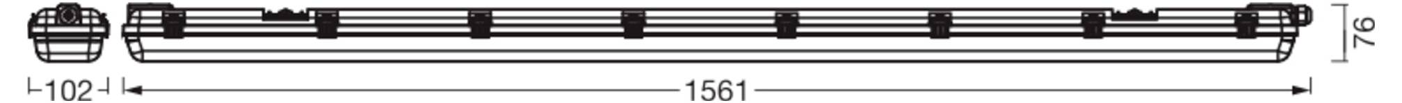 Gemessene Seitenansicht einer langen horizontalen Metallschiene oder eines Metallstabes, 1561 mm lang und 76 mm breit, mit dargestellten Enden und Befestigungselementen.