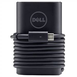 Schwarzes Dell-Wandladegerät mit angebrachtem spiralförmigem USB-C-Kabel, Vorderansicht auf weißem Hintergrund.