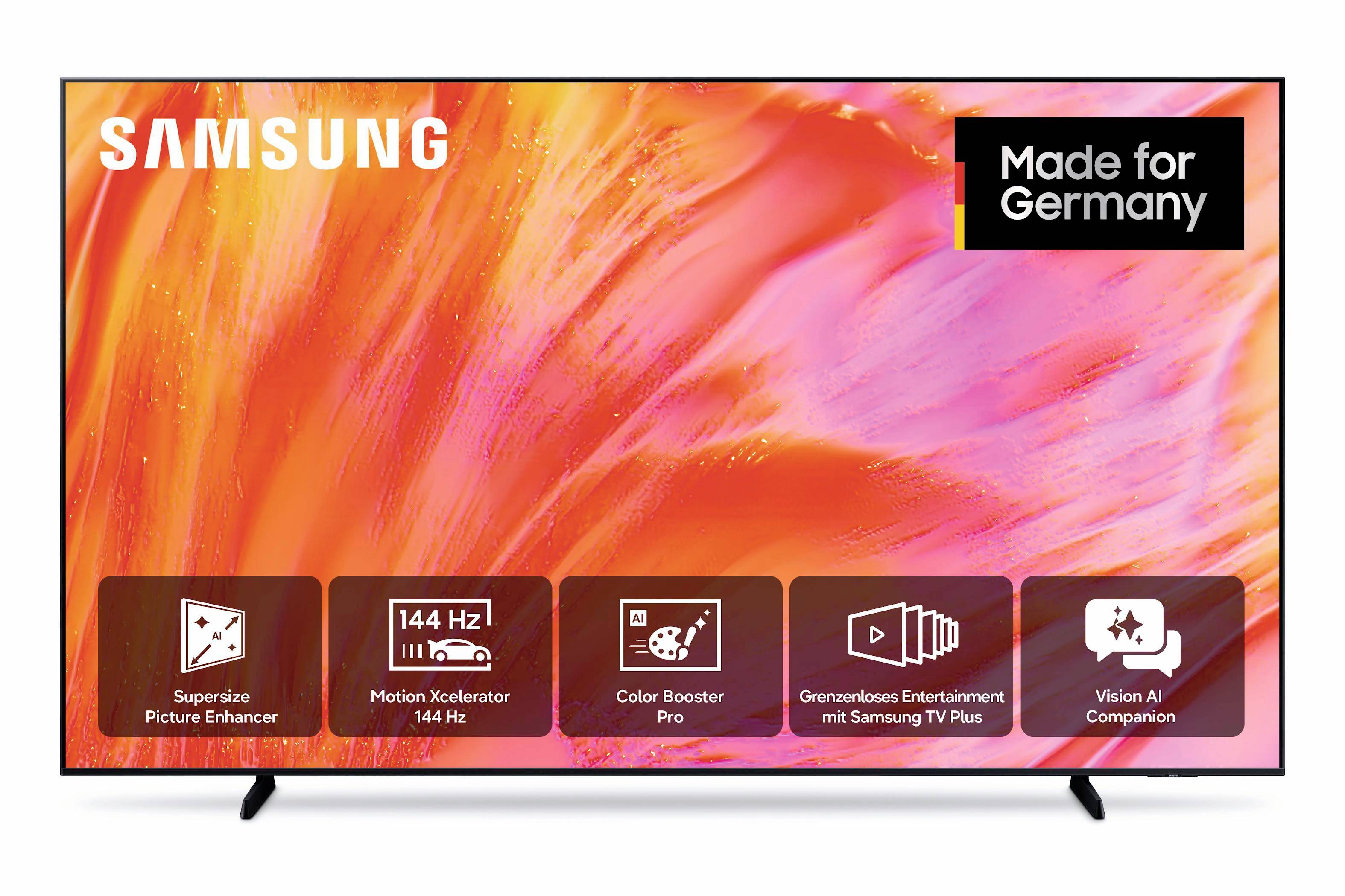 Samsung-Fernseher mit farbenfrohem abstraktem Bild, "Made for Germany"-Badge und Feature-Icons für Super Picture Enhancer, 144 Hz Motion Xcelerator, Color Booster Pro und Vision AI Companion.