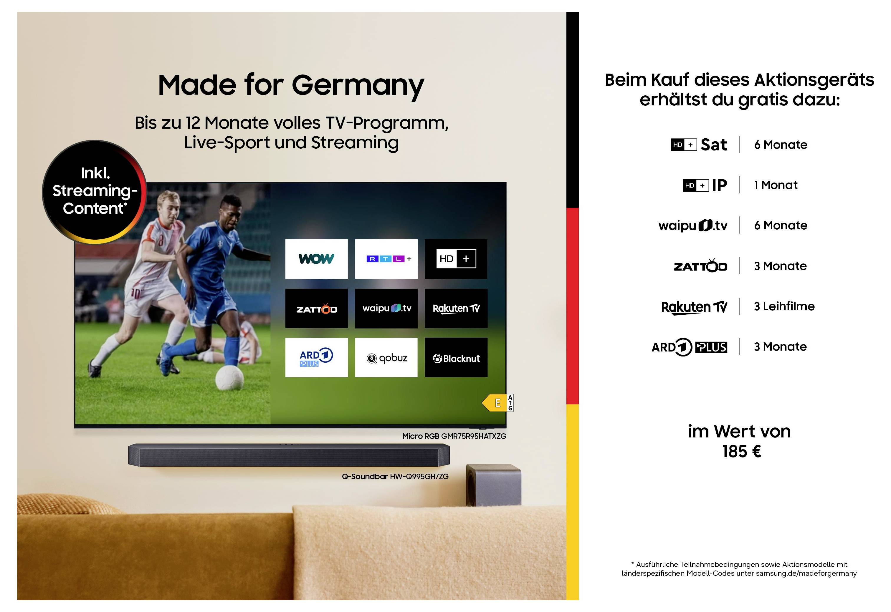 TV-Werbeanzeige für Deutschland: „Gemacht für Deutschland" mit bis zu 12 Monaten Live-Sport und Streaming; enthält Abonnements wie WOW, waipu.tv und Zattoo, im Wert von 185 EUR.