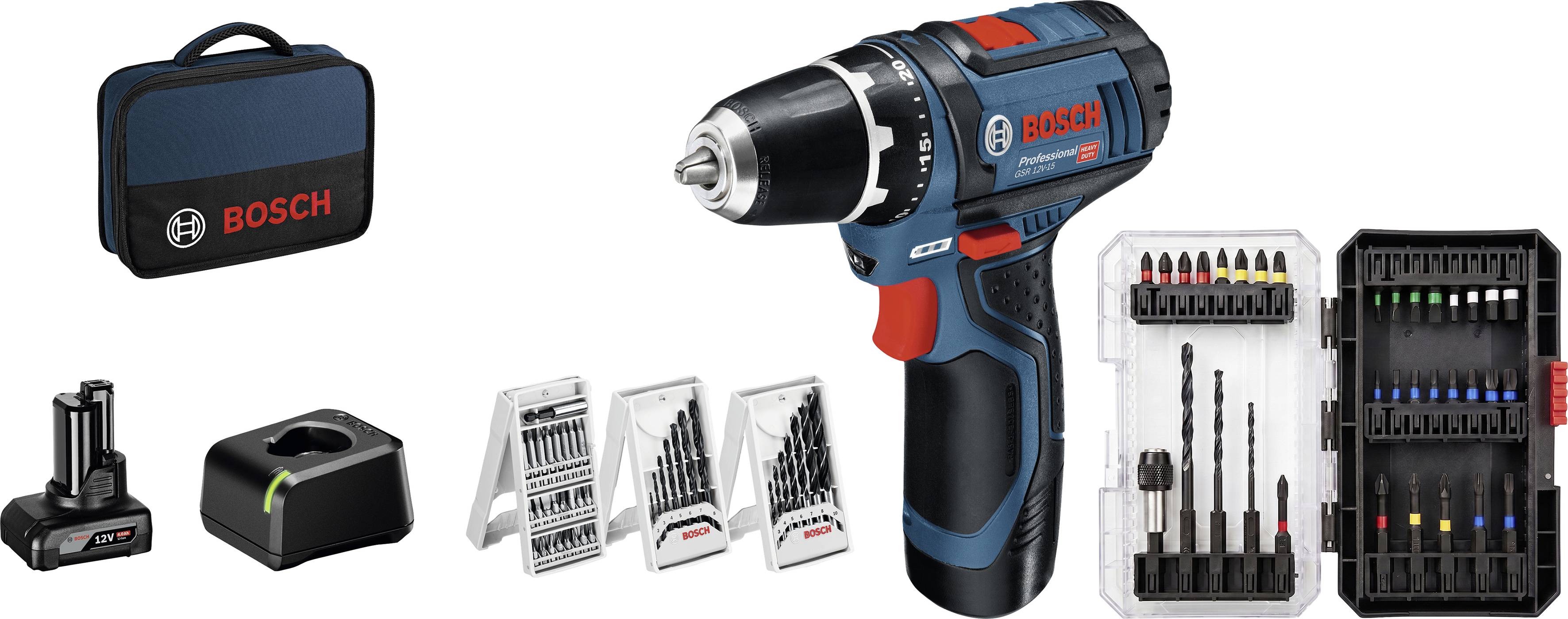 Bosch Akku-Bohrmaschinen-Set mit Transportkoffer, Akku, Ladegerät, Bohrern und Zubehör-Bitset.