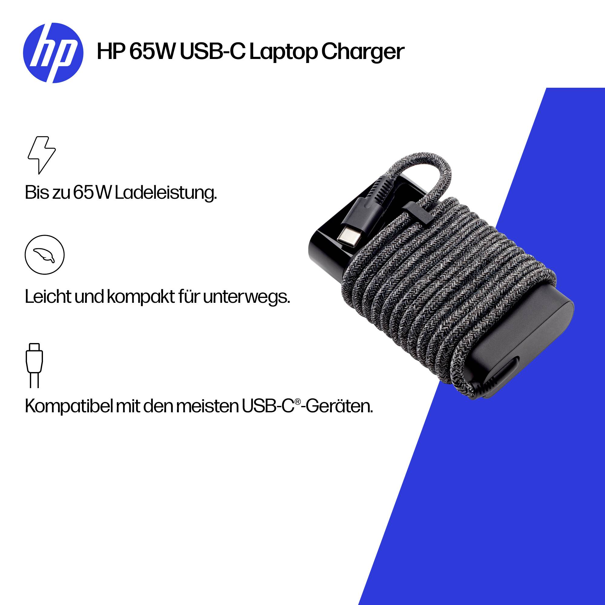 HP 65W USB-C Laptop-Ladegerät Anzeige mit dem Ladegerät und deutschen Ansprüchen: Bis zu 65W Laden, leicht und kompakt, kompatibel mit den meisten USB-C-Geräten.