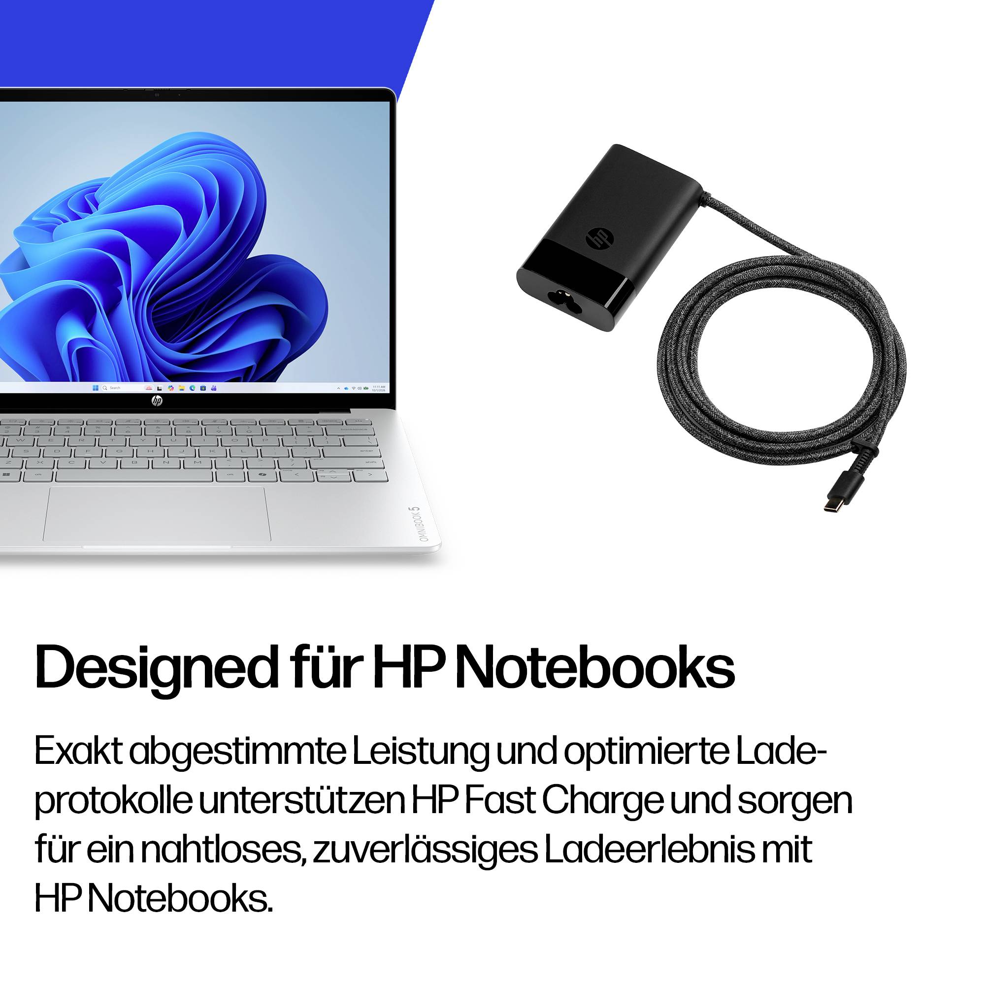 HP-Laptop und Ladegerät mit Kabel, begleitet von deutschem Text: „Designed für HP Notebooks" und eine Notiz über optimierte Ladeprotokolle für zuverlässiges Laden.