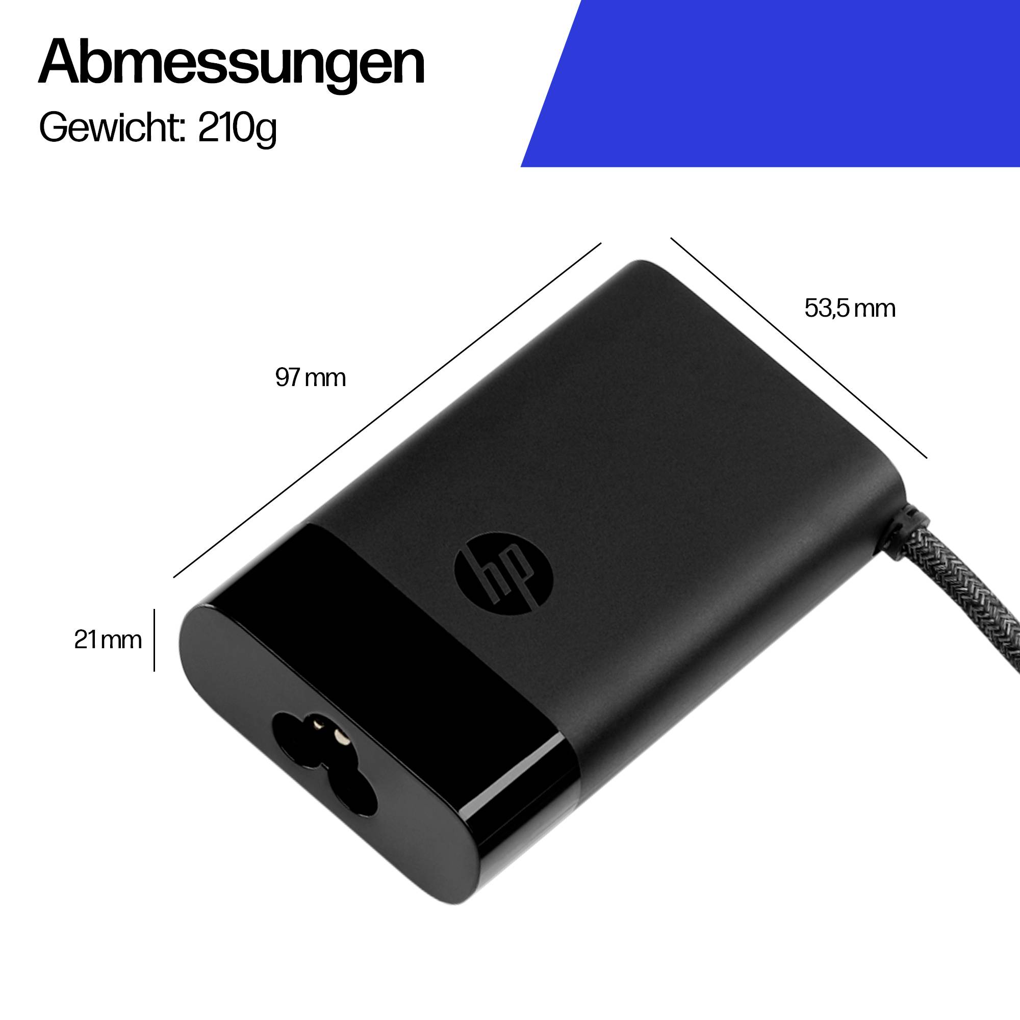 Schwarzer HP-Netzteilstecker mit Abmessungen: 97 mm lang, 53,5 mm breit, 21 mm hoch, Gewicht 210 g.