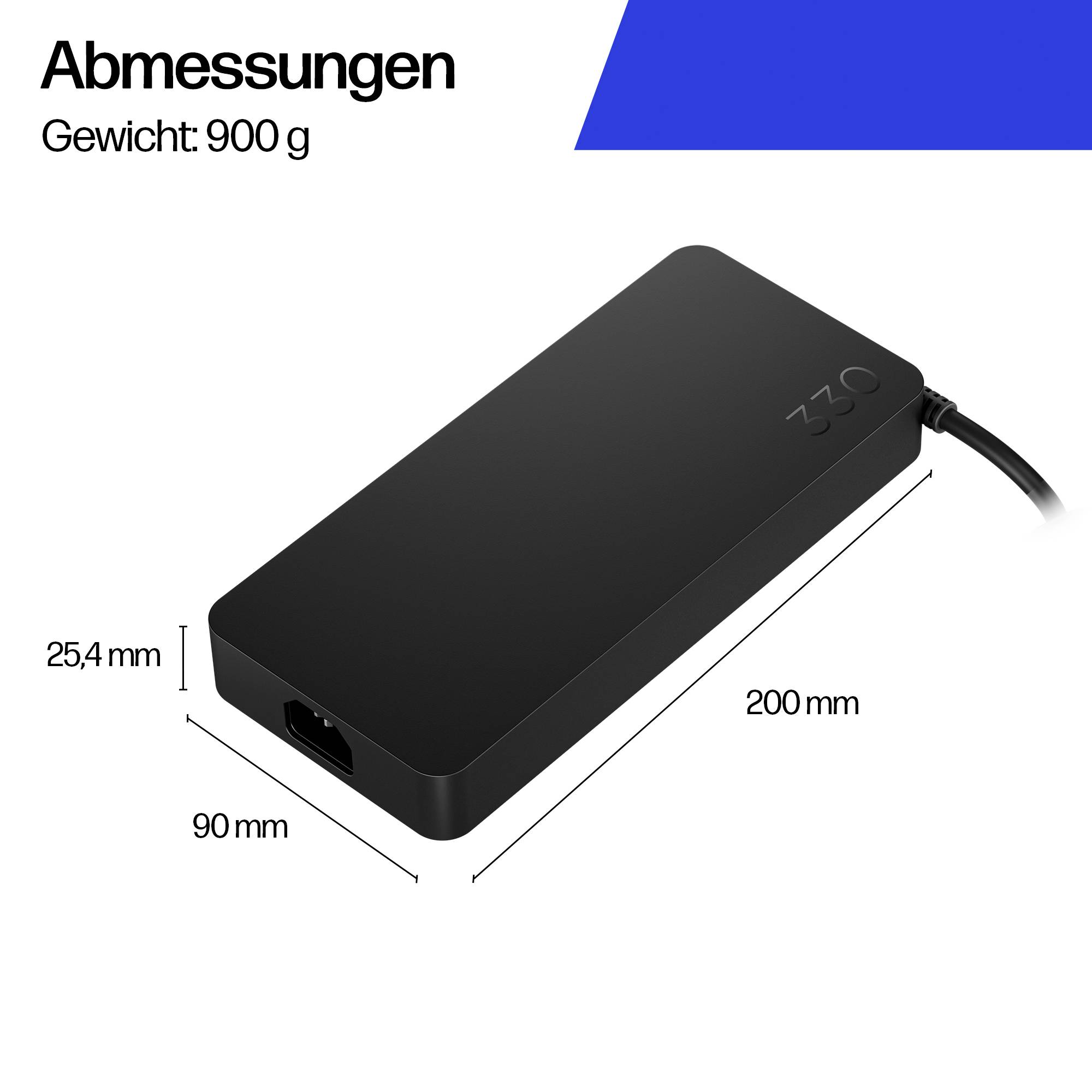 Abmessungen eines schwarzen rechteckigen Stromadapters: 200 mm lang, 90 mm breit, 25,4 mm hoch, Gewicht 900 g.