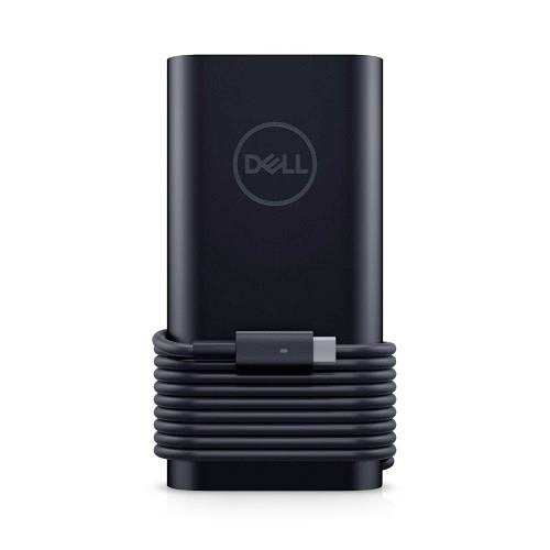 Dell tragbare Powerbank aufrecht dargestellt, schwarzes zylindrisches Design mit gewickeltem Ladekabel und sichtbarem Dell-Logo.