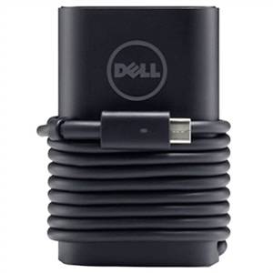 Aufgerolltes schwarzes Dell-Ladekabel mit USB-C-Anschluss, das um einen kompakten Adapterblock gewickelt ist.