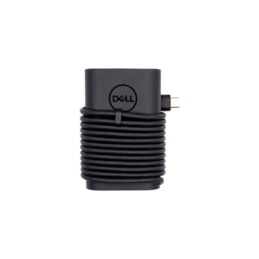 Dell-Netzteil mit aufgewickeltem Kabel auf weißem Hintergrund.