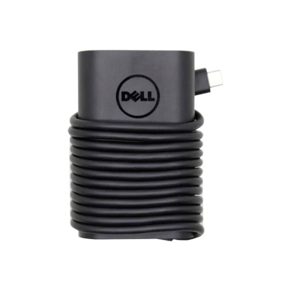 Dell USB-C-Stromadapter mit Spiralkabel und sichtbarem Anschluss auf weißem Hintergrund.