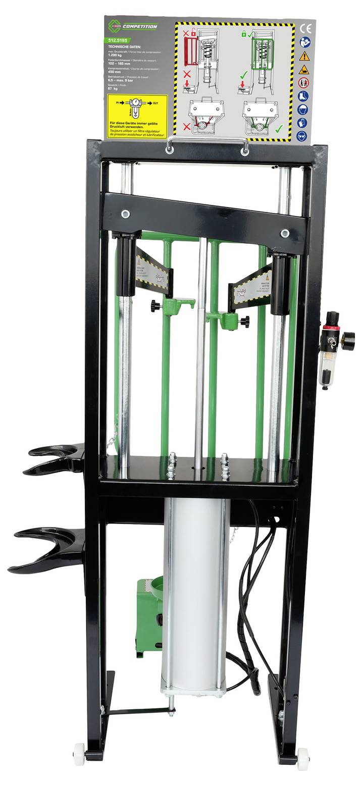Industrielle hydraulische Maschine mit Metallrahmen, zwei vertikalen Säulen, zentralem Zylinder, Bedienfeld oben und Fußpedalen an der Basis.