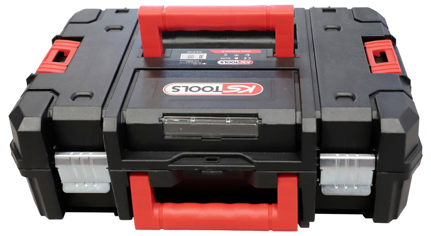 Schwarze und rote tragbare Werkzeugkiste mit zwei roten Griffen und Metallverschlüssen, auf der Vorderseite mit „KSTOOLS" gekennzeichnet.