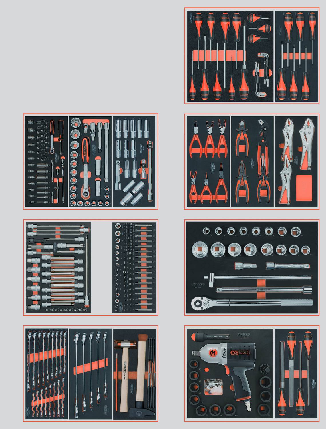 Collage verschiedener Mechanikerwerk­zeugkästen in Schaumstoffkoffern, einschließlich Schraubendreher, Zangen, Steckschlüssel, Schraubenschlüssel, Bohrer, Hämmer und Elektroschrauber.