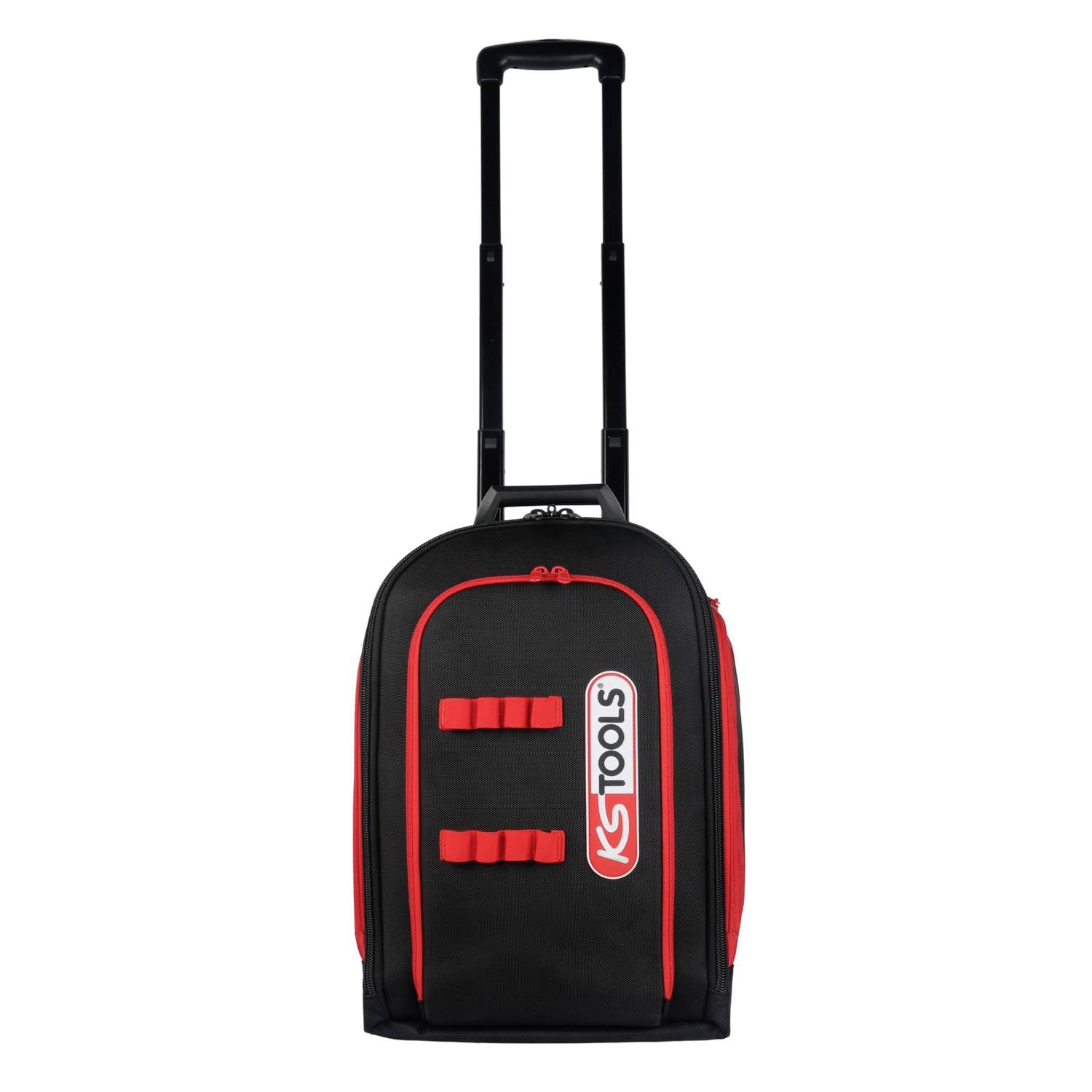 Schwarze Rolltasche mit ausziehbarem Teleskopgriff, rotem Besatz und "TOOLS"-Logo auf der Vorderseite.