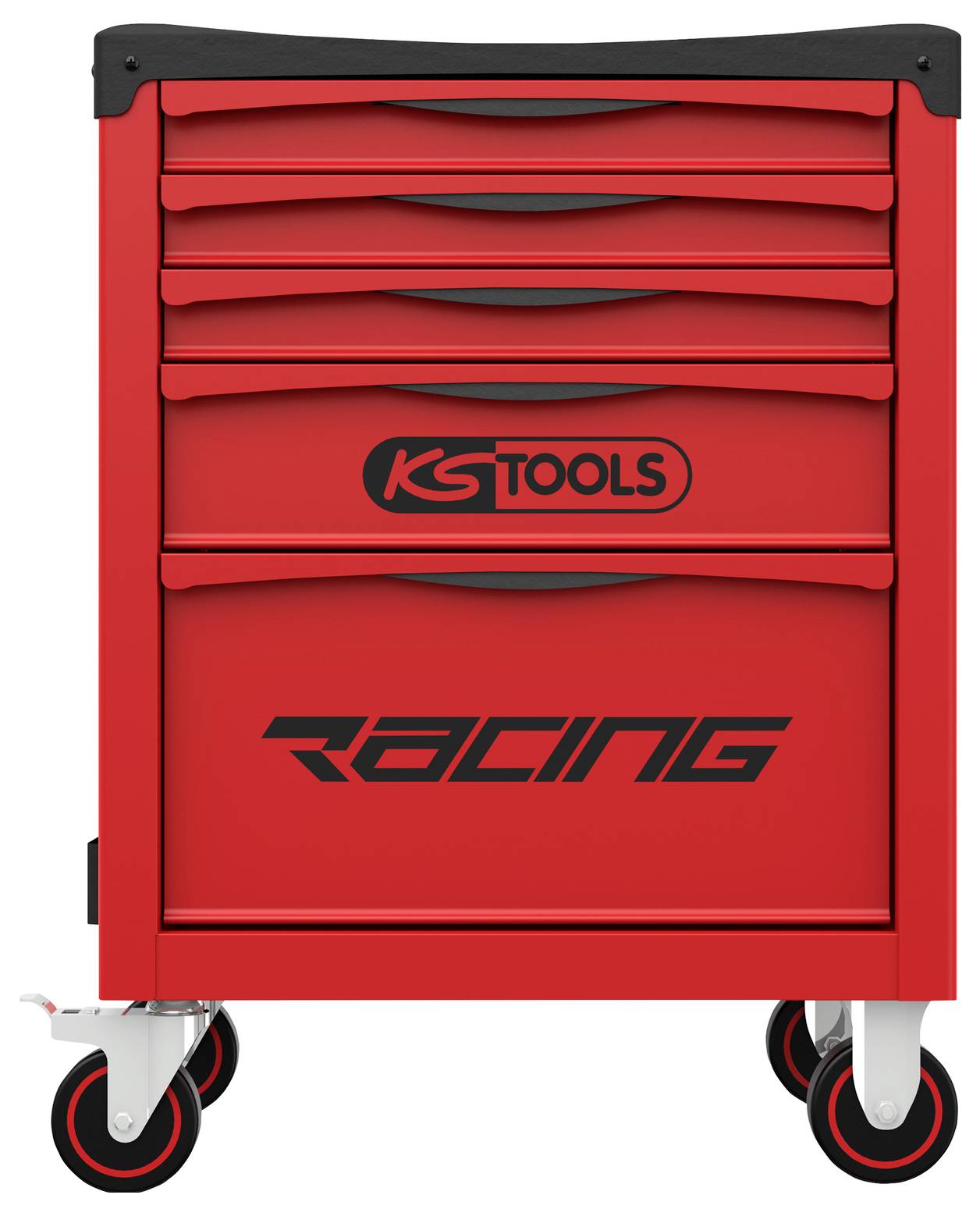 Rote KS Tools Racing-Werkzeugkiste auf Rollen mit mehreren Schubladen und einer großen unteren Tür, Vorderansicht auf weißem Hintergrund.