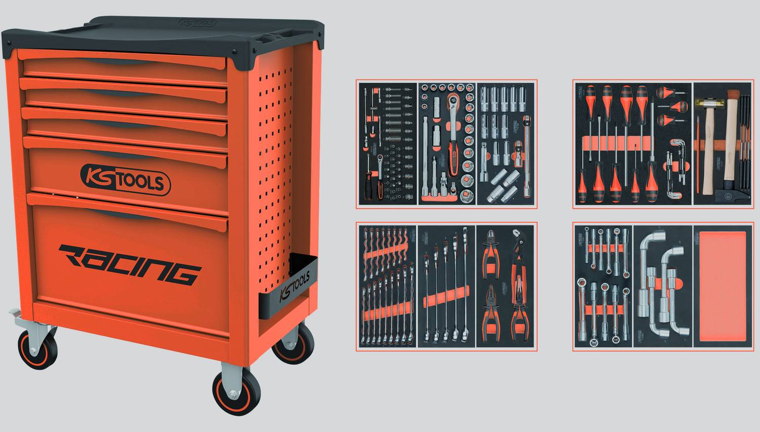 Orange KS Tools Rennwagen-Werkzeugschrank auf Rädern mit vier organisierten Schaumstoff-Einsatzschalen mit Handwerkzeugen, die daneben abgebildet sind.