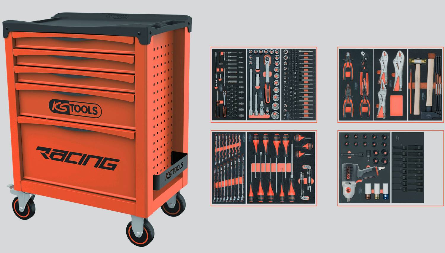 Orange KSTools Racing Rollwerkzeugschrank mit vier Schubladen und schwarzer Arbeitsplatte; drei eingelassene Paneele zeigen organisierte Handwerkzeuge und Werkzeugsätze.