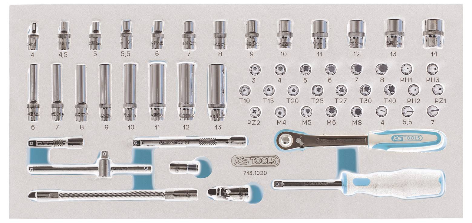 Steckschlüssel- und Bit-Werkzeugsatz in einem geformten Koffer, mit Ratsche, Griff, Verlängerungen und assortiertem Metrisch- und Torx-Bits, nach Größe gekennzeichnet.