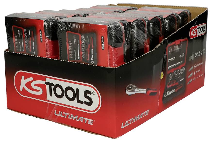 Kasten mit KS Tools Ultimate Handwerkzeugen in rot-schwarzer Einzelhandelverpackung, gezeigt in einem offenen Displaykarton.