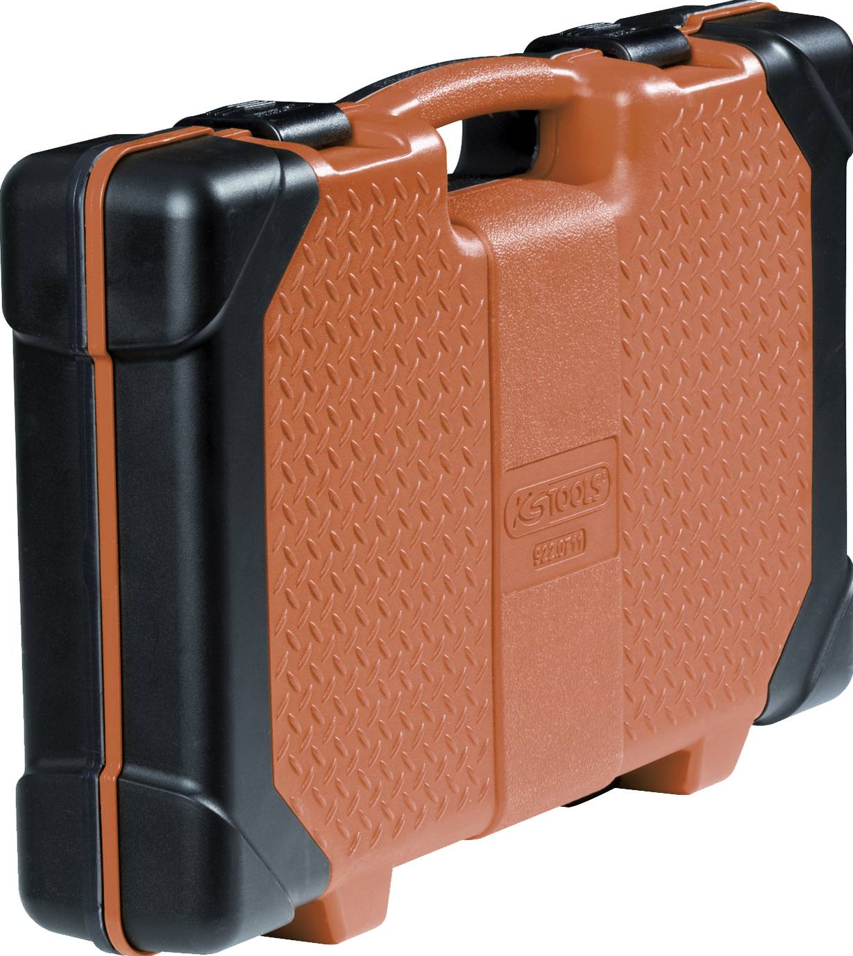 Orange-schwarze harte Kunststofftasche mit geformtem Griff und strukturierter Frontplatte, geschlossen auf weißem Hintergrund dargestellt.
