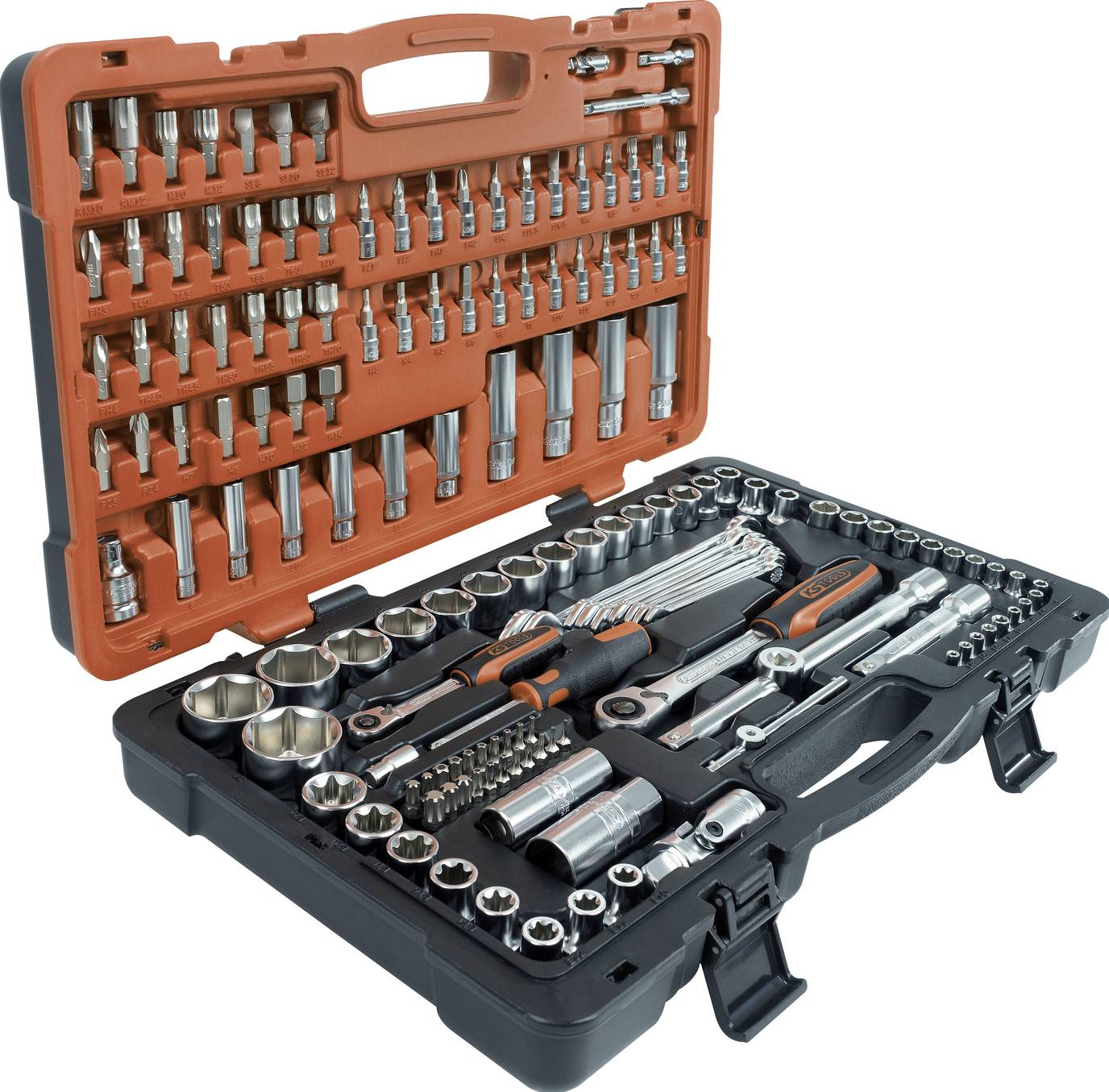 Offener Werkzeugkasten mit Steckschlüssel- und Schraubendrehersatz, orangener Deckel mit Bits und Steckschlüsseln, schwarze Basis mit Ratschenverschlüssen, Verlängerungen und Schraubenschlüsseln.