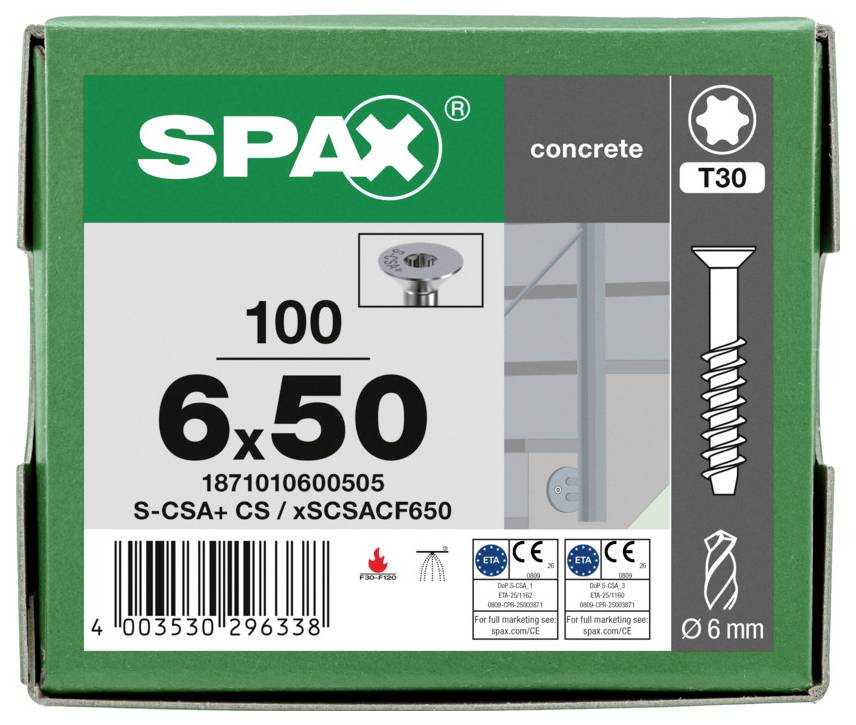 Schachtel SPAX Betonschrauben, gekennzeichnet 6 x 50, 100er Pack, mit Barcode und Produktsymbolen.