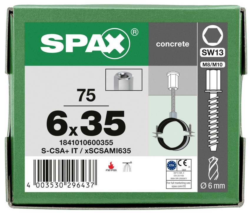 SPAX Betonschrauben Karton mit Bezeichnung 6x35, SW13, M8/M10, für Beton, mit Abbildung einer Schraube und eines Befestigungsschemas.