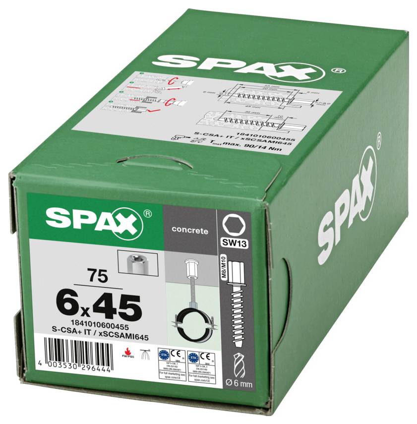 Grüne SPAX-Betonschraube in einer Schachtel mit der Bezeichnung "6x45" und "75", mit Produktdiagrammen und Größendetails auf der Vorder- und Oberseite.