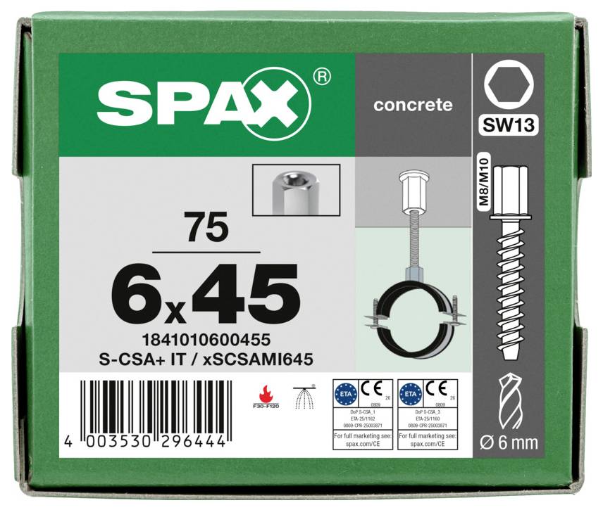 Spax-Schraubenpaket mit Bezeichnung '6x45' für Beton, SW13, M8/M10, mit Installationsdiagramm und Barcode.